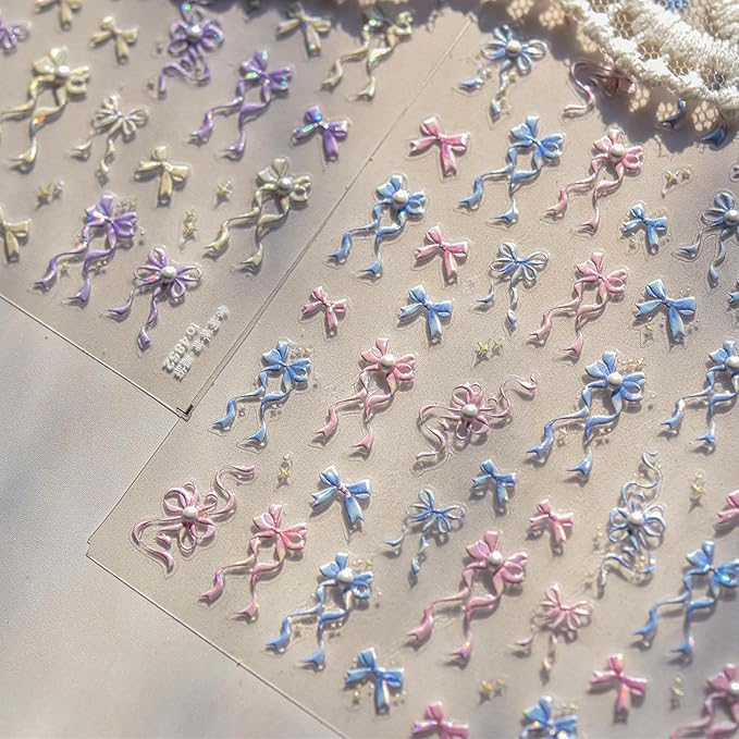 Bow Nail Stickers Ribbon Bowknot Nail Decals 5D Embossed with Pearl Design Self Adhesive Manicure Charms for Women Girla Kid Nails Supply Decoration