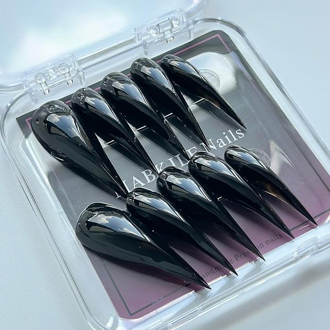 Luxury Press on Nails Medium Curved Stiletto Handmade Eagle Claw Unique Reusable ABS Material Fake Nails Dragon Cat Claw False Nails with Designs Black Glossy Glue on Nail Thick Acrylic Nail(S)