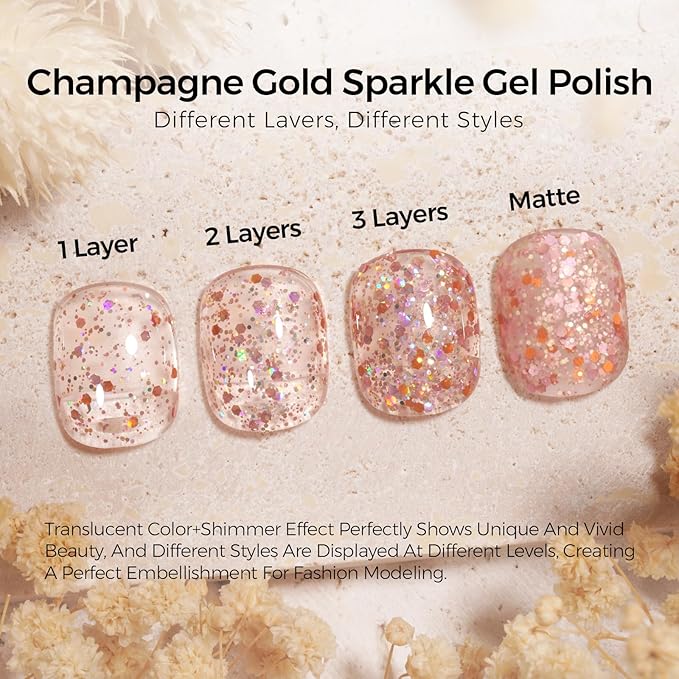 TOMICCA Glitter Gel Polish, 15ml Champagne Gold Sparkly Gel Nail Polish, Soak Off UV Nail Polish Natural Color Nail Art DIY Manicure Salon