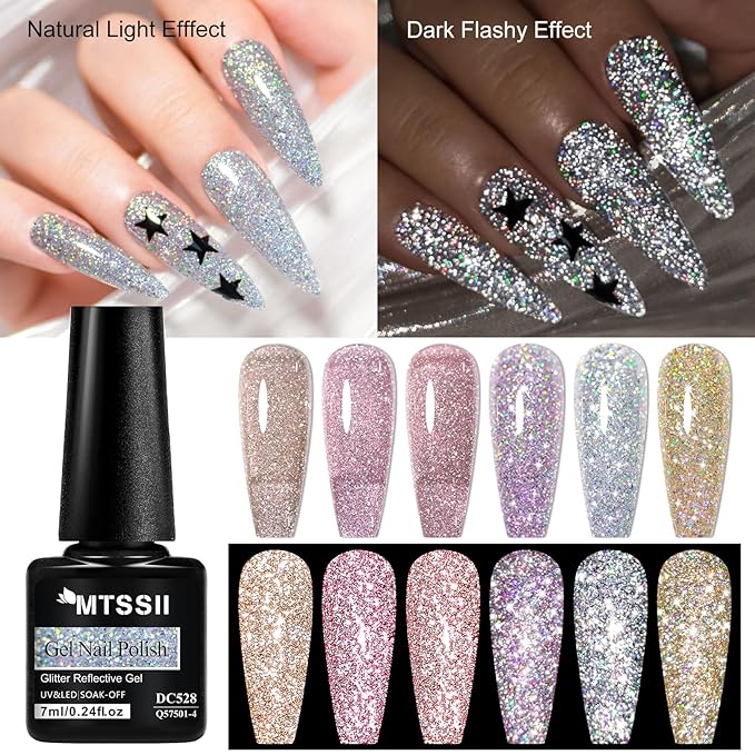MTSSII Reflective Glitter Gel Nail Polish Set of 12 Colors Pink Red Silver Shimmer Sparkle Gel Polish Collection Kit LED Soak Off Nail Polish Manicure Art Gel Kit Home DIY Nail Salon