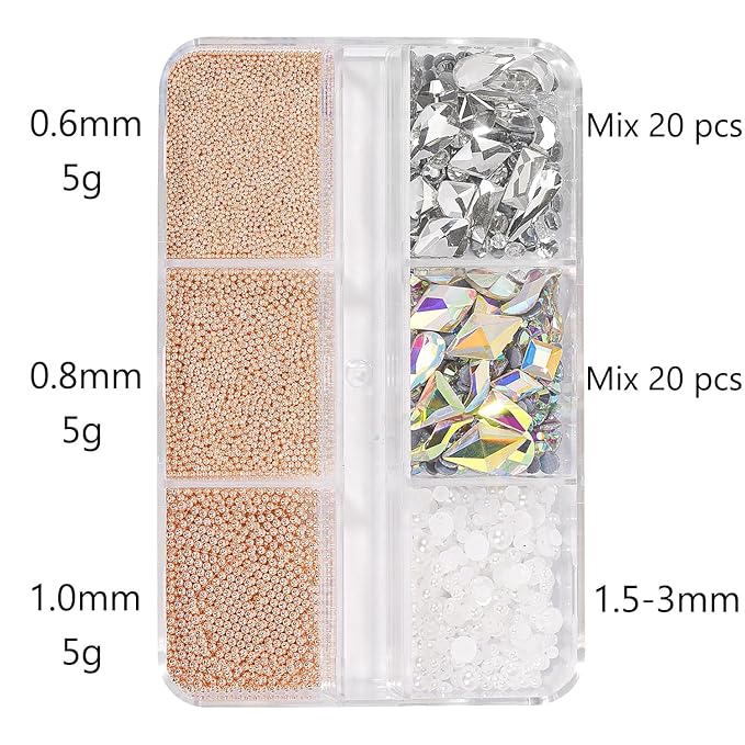 HNUIX 3D Nail Art Charms Rose Gold Nail Micro Caviar Beads Rhinestones for Acrylic Nails Mix Size Multishape AB Nail Rhinestones Nail Crystal Studs Flatback Pearl Kit for Nail DIY Craft Decoration
