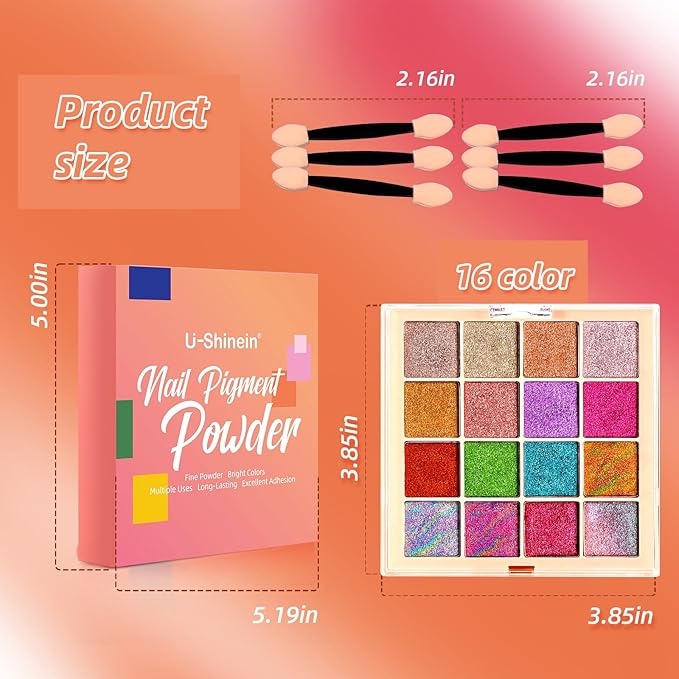Chrome Nail Powder Palette, 16 Glitter Laser Metal Mirror Effect Aurora Iridescent Holographic Gold Silver Bright Colors Ombre Nail Pigment Powder Kit French Nails Manicure DIY Accessories