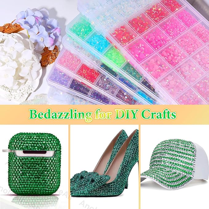 22000Pcs Green Rhinestones for Bedazzling, Jelly Bedazzling Resin Gems 3-5mm, Blue White Gems Bedazzling Kit for Crafting, Flatback Color Light Green Blue AB Gems for Nails Face Makeup Tumblers
