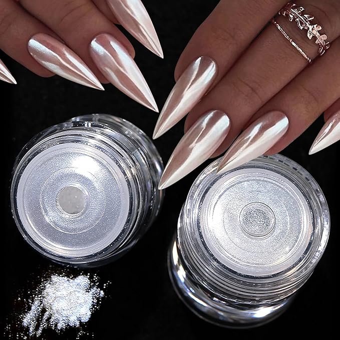 2Pcs White Pearl Chrome Nail Powder Super Glossy Metallic Mirror Effect, White Moonlight Unicorn Chrome Powder for Nails, Mermaid Glitter Pigment Powders for Gel Nail Polish Design 0.5g/Jar