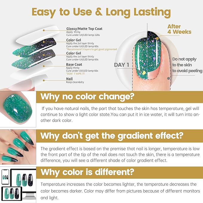 YTD Likomey Brocade Glitter Color Changing Gel Nail Polish,15ml Bright Green To Dark Green Shimmer Mood Temperature Change Colors,Fall Winter Ombre Thermal UV Nail Gel,WB349