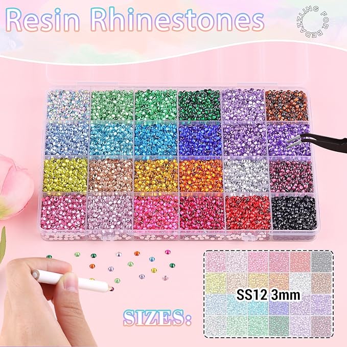 24000Pcs Resin Rhinestones for Bedazzling with 3Pcs B7000 Jewelry Glue, Multicolor 3mm Flatback Gems Rhinestones for Crafting, Clothing Tumblers Mugs Shoes Fabric Decor Nail Art