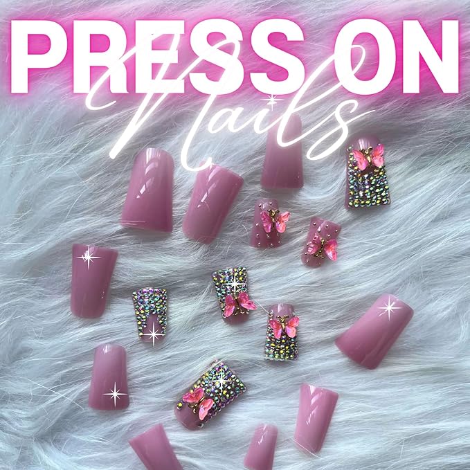 Duck Nails Press on Pink Short Junk Square Acrylic with Butterfly Charms Designs Handmade False Baddie Nails Cute Rhinestones for Women 24Pcs (Designs, duck pink)