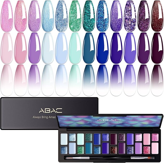 ABAC Solid Gel Nail Polish,Ombre Gel Nail Polish,Pat Paint Nail Gel-24 Colors Blue Pink Purple Shimmer Hema Free Gel Polish w/Pro Brush Soak Off LED Gift for Women