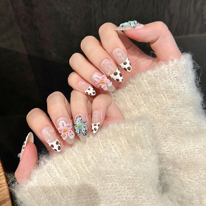 Handmade Press on Nails – Reusable False Nails with Leopard Print French Design, Gradient Tropical 3D Flower Art, Medium Almond Shaped Fake Nails (10PCS-M)