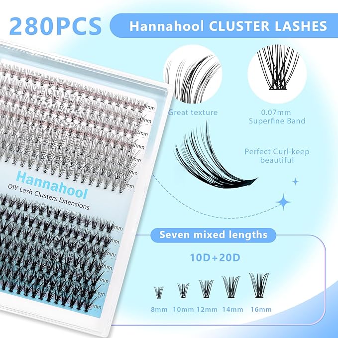 10Rows,Large Pack Grafting Mixed 10-12-14-16mm/14-16-18mm/12-14-16mm Wide Stem Cluster Eyelashes D Curl Individual False Eyelashes Home DIY Eye Lashes Extensions (10D+20D-8-16MM Kit)