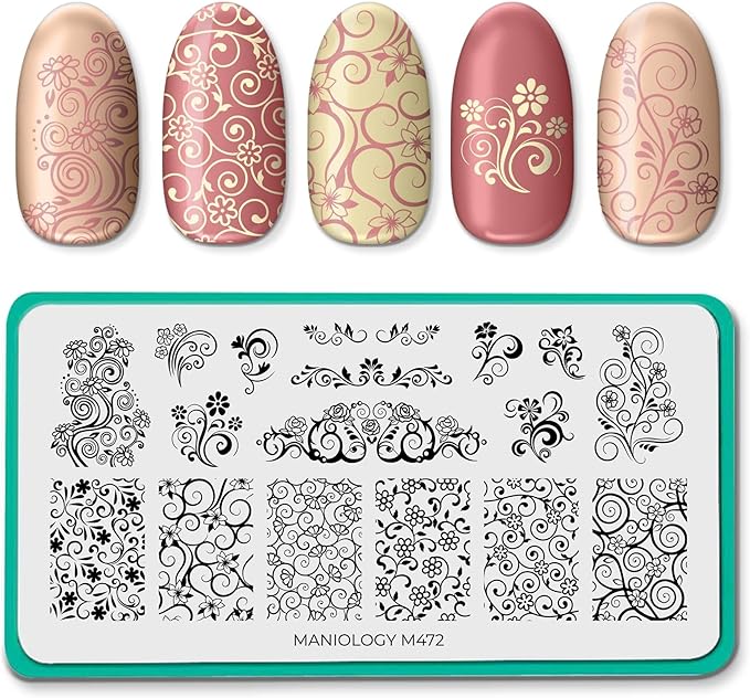 Maniology Floral Swirls Nail Stamping Plate | Swirling Flower Designs for Elegant DIY Manicures – Reusable Rectangular Stainless Steel Nail Art Template