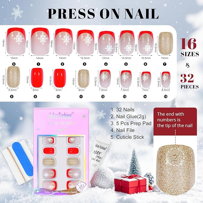 Red Press On Nails Short - Jofay Fashion French Tip Press On Nails, Acrylic Fake Nails with Snowflakes and Gold Glitter, Reusable False Nails Glue On Nails for Women, Stick On Nails Kit 32Pcs