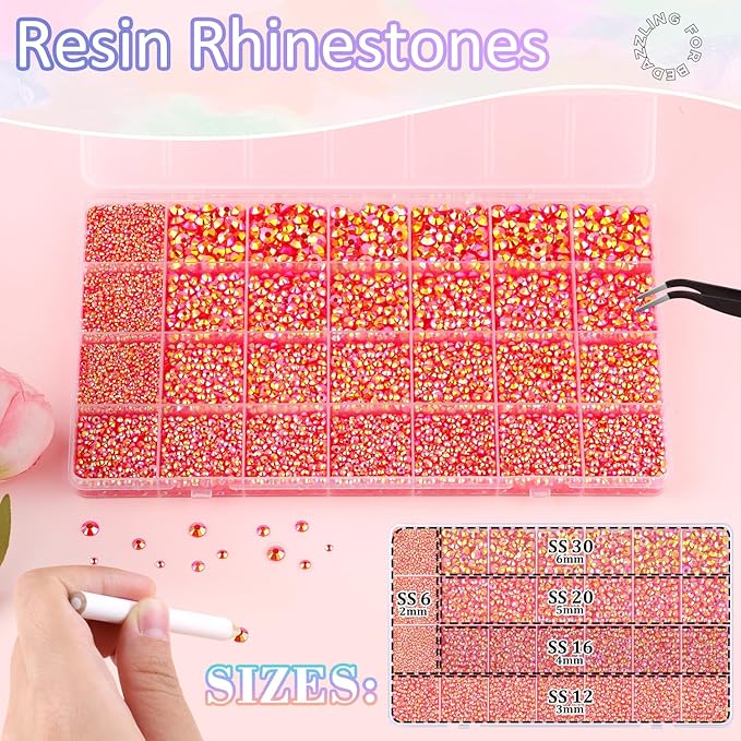 30000Pcs Resin Rhinestones for Bedazzling with B7000 Jewelry Glue, Red AB Flatback Gems Rhinestones for Crafting, Clothing Tumblers Mugs Shoes Fabric Decor Nail Art