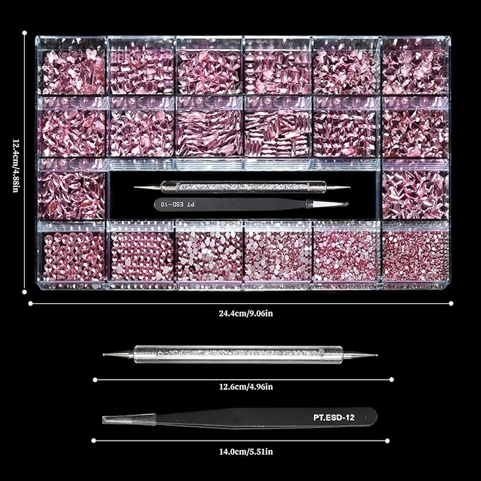 14 Types of 700 Pink Diamonds + 1500 Flat Rhinestones Mix 20 Styles Flatback DIY Crafts Rhinestone Crystals 3D Ornament‌s Flat Back Stones Set + Tweezers + Drill Pen