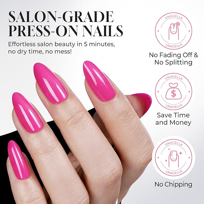 UNA GELLA Soft Gel Press on Nails - 32Pcs 16 Sizes Hot Pink Almond Fake Nails, Glossy Reusable Glue on Nails for Women, Durable Long Artificial False Nails Kit for DIY Manicure