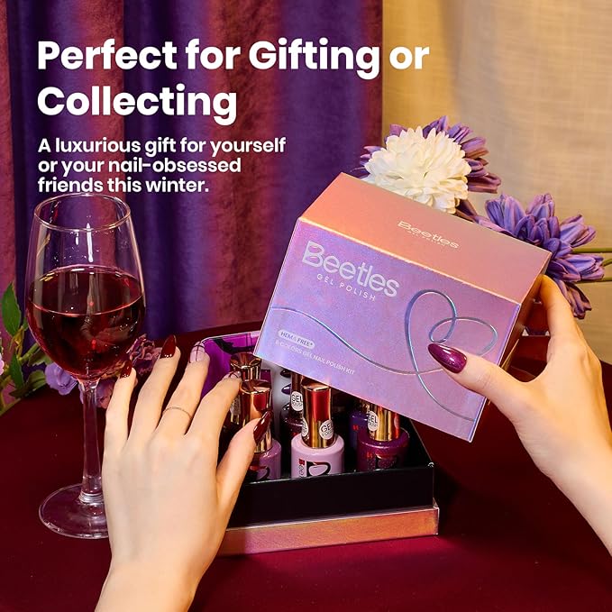 beetles Purple Gel Polish Set - 6 Colors Cassis Night Collection HEMA-Free 15ml Dark Purple Glitter Shimmer Color Nails with Swatch Card, Home Salon Soak Off UV LED Valentines Gift for Women