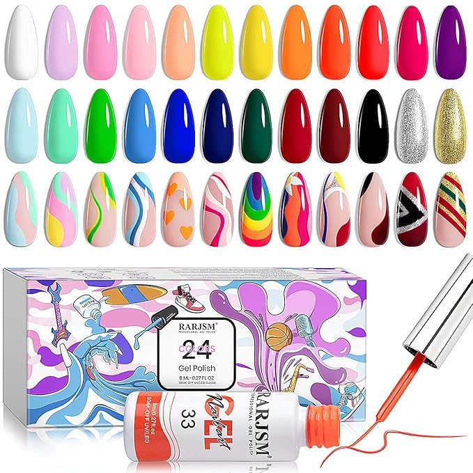 RARJSM Nail Art Gel Liner 24 Color Line Art Painted Gel Nail Polish Set Pink Blue Green Silver Gold Glitter for Nails Painting Drawing Soak Off U V L E D Curing Requires Bulid in Thin Nailart Brush
