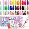 RARJSM Nail Art Gel Liner 24 Color Line Art Painted Gel Nail Polish Set Pink Blue Green Silver Gold Glitter for Nails Painting Drawing Soak Off U V L E D Curing Requires Bulid in Thin Nailart Brush