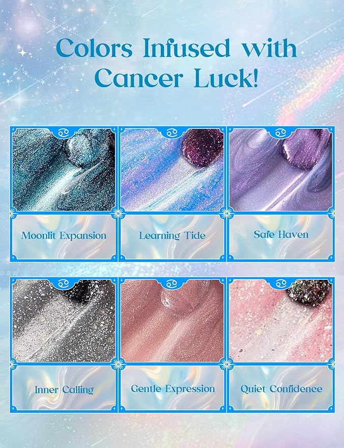 Beetles Moonlit Sanctuary Lucky Box, Cancer Zodiac Gel Nail Polish Kit Blue White Pearl Sliver Glitter Colors, All-in-One Nail Art Set with Tools, Necklace Badge, Salon DIY Zodiac Gift for Women