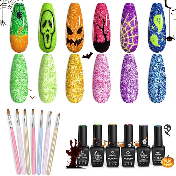 Beetles Reflective Glitter Gel Polish Set 6 Colors Neon Gel Nail Polish Set with 7Pcs Poly Extension Gel Brush Soak Off Uv Led Gel Nail Kit Nails Nail Art Manicure for Women Christmas Gift