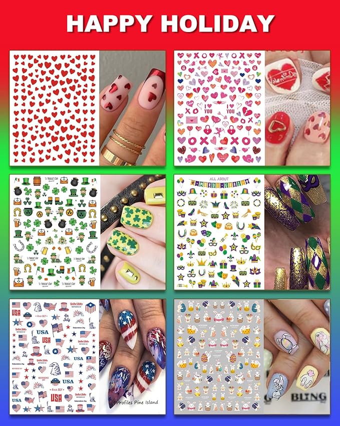 winthrop 36 Sheets All Holiday Nail Art Stickers, Mixed Season Nail Decals Set for All Year, Spring Summer 3D Self-Adhesive Colorful Pegatinas Uñas Daisy Butterfly 4th of July Halloween Christmas