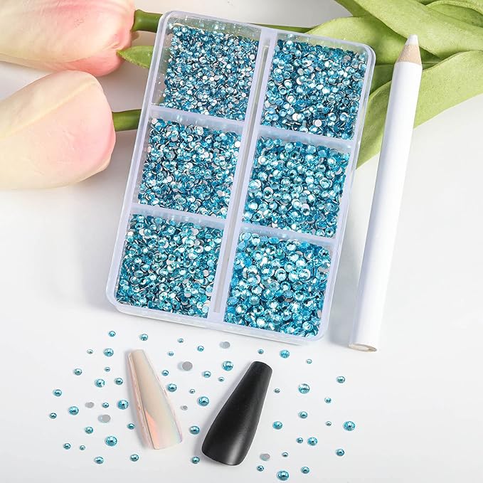 Beadsland 7200pcs Flatback Rhinestones,Blue Rhinestone Nail Gems Round Crystal Rhinestones for Crafts,Mixed 6 Sizes with Wax Pencil Kit, SS3-SS10,Aquamarine