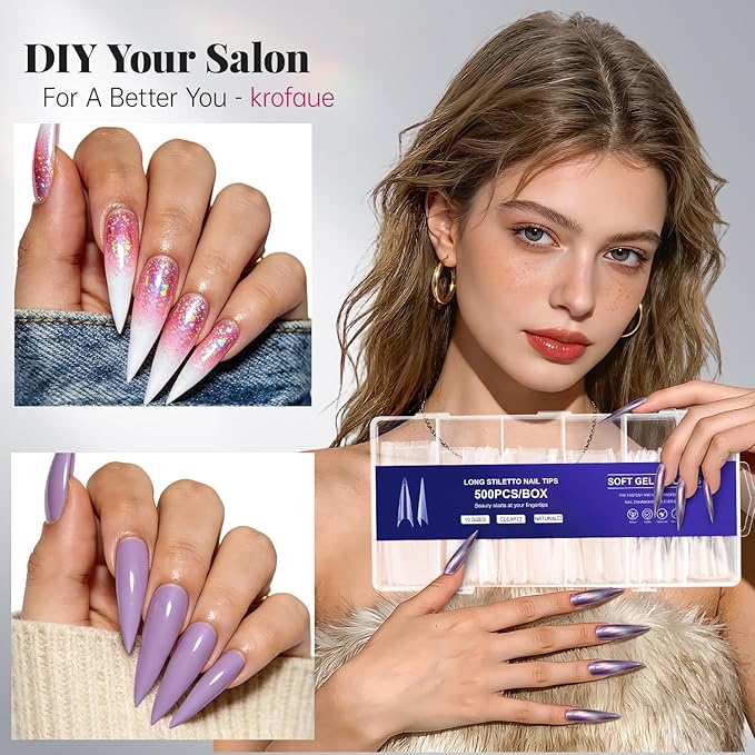 krofaue Extra Long Stiletto Nail Tips - 500PCS False Clear Nais with 10 Sizes Half Cover Pointed Press On Artificial Acrylic for Salon DIY, XL