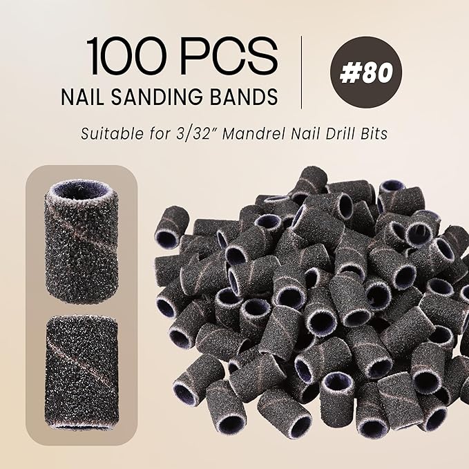 100 Pcs Large Nail Drill Bits Sanding Bands for Nail Drill – Nail File for Acrylic Nail Gel Manicures Pedicure PANA Nail Drill Bits (Sanding Bands Variation 01) (80 Grit, Large Black)