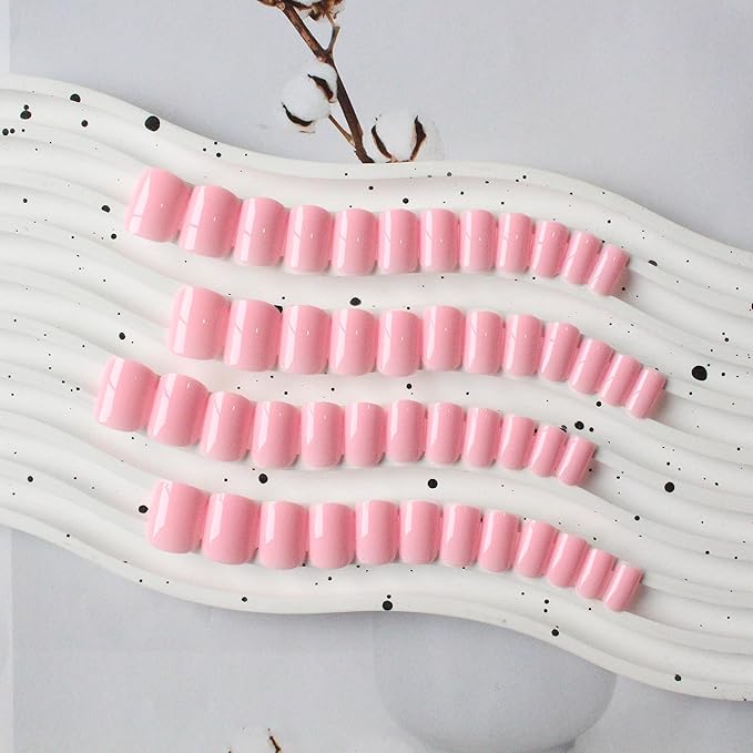 Baby Pink Press on Nails Short Square - Natural Gel Glue on Acrylic, 48Pcs Thick Reusable Fake for Women, Coffin Artificial New Solid Color