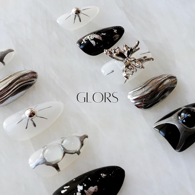 Gothic Long Almond Press-On Nails Set, Black and Silver Metallic Design with Butterfly Accent, Handmade False Nail 10 Pieces (XS,Almond)