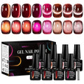 MEET ACROSS 9Pcs Cat Eye Gel Nail Polish Glitter Magnetic Cat Eye Gel Polish Set, Sparkle Red Purple Cateye Gel Polish with Magnet, Soak Off Led Nail Art Manicure Salon Gifts