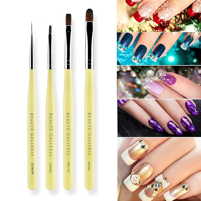 Beaute Galleria 4-Piece UV Gel Nail Art Brush Set - Pro Flat, Carved, Detailer, Round for Fine Line, Detailer, Outline, Striping, Polygel Nails, Gel Sculpting, Nail Tips