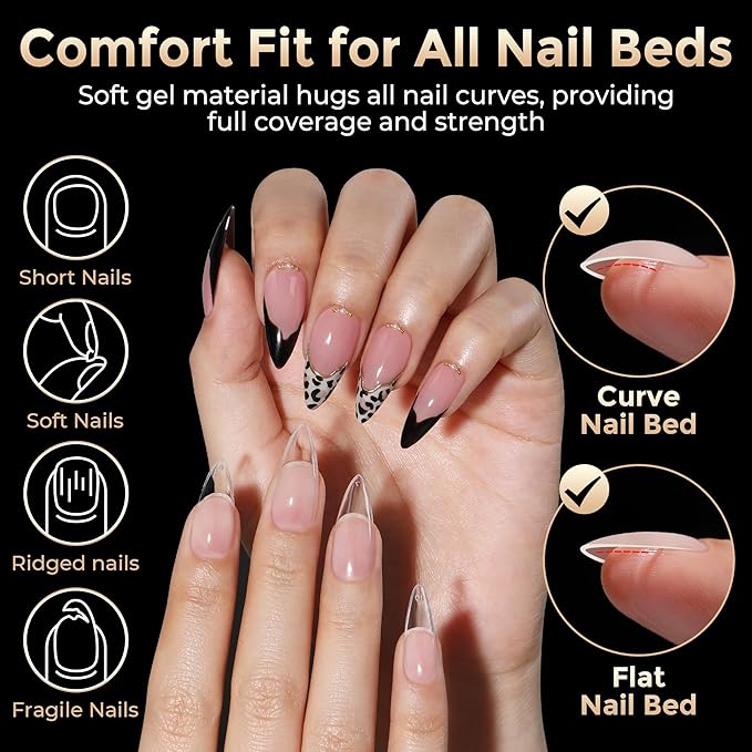 Long Almond Nail Tips: 504pcs Full Cover Soft Gel Nail Tips, 12 Sizes Pre-Etched Half Matte Almond Press on Nails No C Curve For Nail Extensions Home Salon