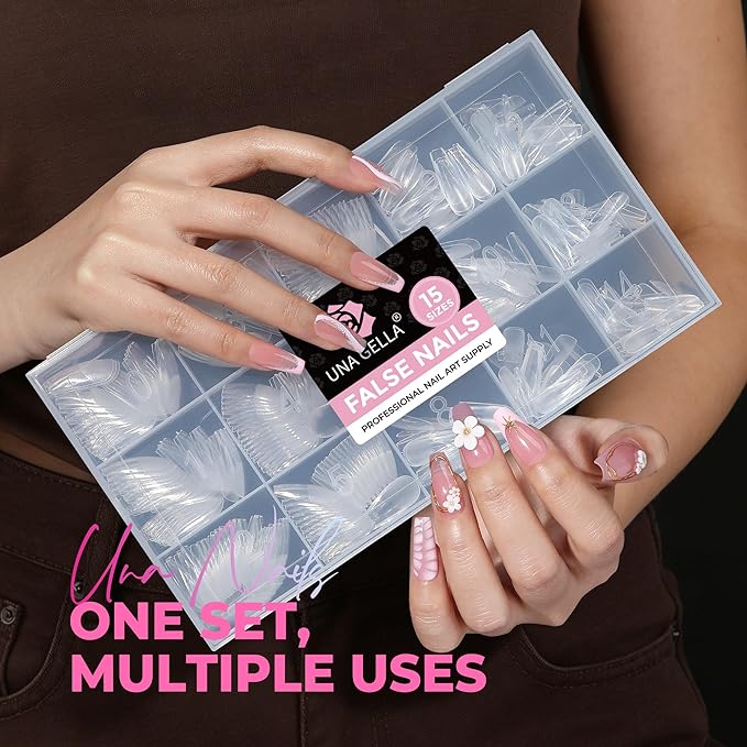 UNA GELLA Soft Gel Medium Coffin Nails Tips, 510Pcs 15 Sizes Pre-Buffed Full Cover False Nails, No File Needed Inner Matte Gel Tips, Clear PMMA Soak Off Acrylic Nail Extensions for DIY Nail Art