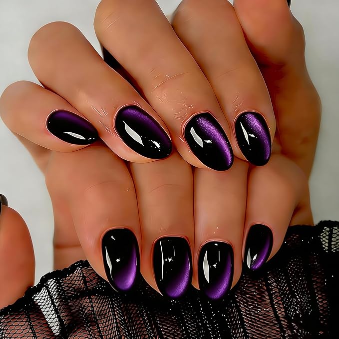Cat Eye Press on Nails Short, Chrome Press on Nails Oval, Thick Glazed Black Purple Fake Nails Press ons for Women Party Prom, Reusable Magnet Glitter Glue On Nails Almond in 15 Sizes, 30 Pcs