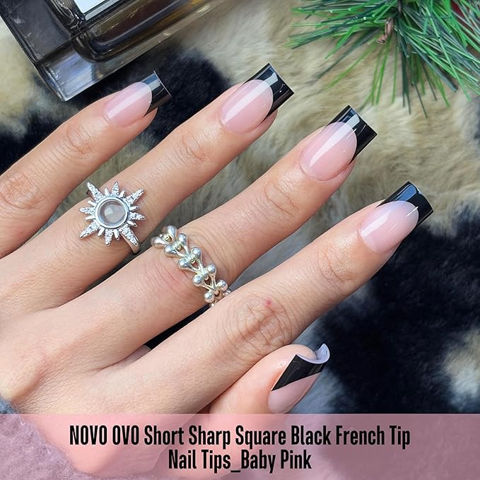 NOVO OVO Short Sharp Square Black French Tip Nail Tips Press on BABY PINK, Extra Thick NEED Nail Glue Builder Gel Top Coat, Soft Gel Full Cover Fake Flase Nail Extension for DIY x 15 Sizes 240 pcs