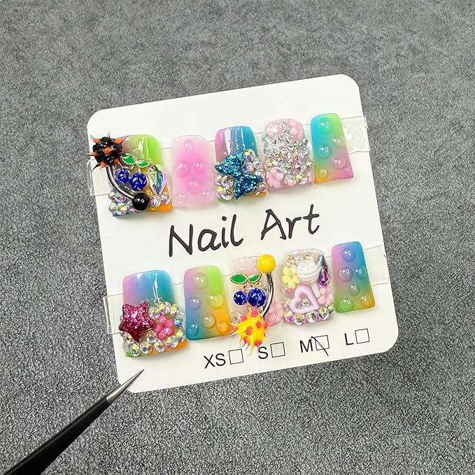 Luxury Press on Nails Medium Duck Handmade False Nails Cherry Charms Glitter Bow and Rhinestone Design Handmade Nail with Glue Muti-Layer Gel Colourful Thick False Nails for Women (Size S)