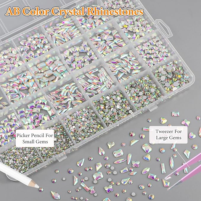 AB-Colors Flatback Nail Art Rhinestones Kit, Mix Crystal AB-Color Flatback Rhinestones Crystals Diamonds, Multi Shapes Glass Crystals Diamonds for Nail Art Design Crafts Clothes Shoes Jewelry