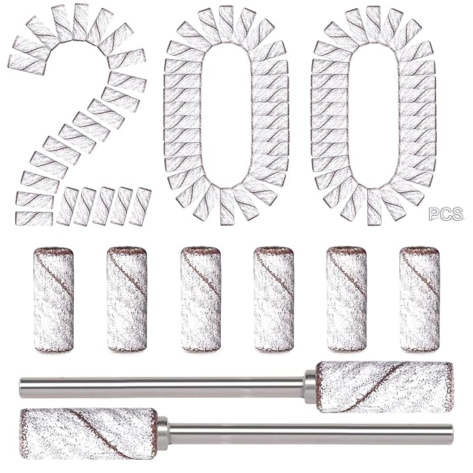 Small Sanding Bands for Nail Drill, 200pcs Mini Bands 180 Fine Grit Nail File Sanding Bands with Upgrade 2pcs 3/32'' Mandrels Bits, for Acrylic Nail Gel Removal, Plastic Polishing Manicure, White