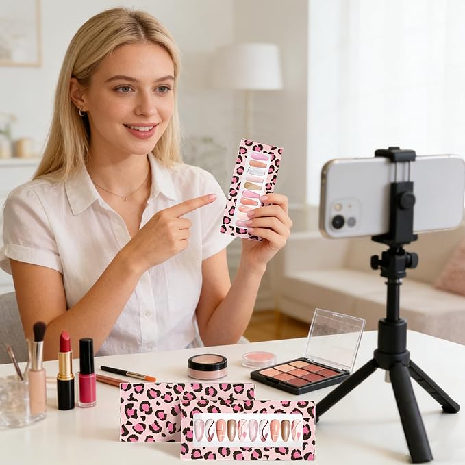 71 Pcs Empty Press on Nails Packaging Box 35 Pcs White Background Papers and 1 Double Sided Tape, Empty Nail Package Box Set for Press on Nail Business (Pink Leopard)