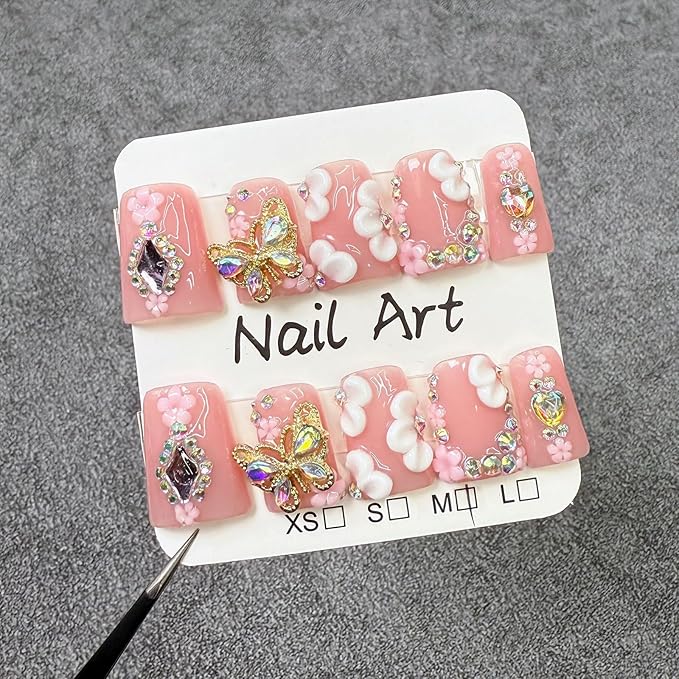 10Pcs Flower Butterfly Press on Nails Handmade Duck Fake Nails with 3D Flower Butterfly Rhinestone Design Pink False Nails Short Acrylic Nails Press ons Cute Handmade Glue on Nail for Women (M)