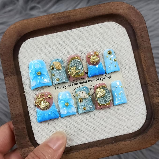 Handmade Duckbill Press on Nails Short - Ocean Blue 3D Shell Starfish Glitter Design Fake Nails with Tools, Acrylic Glossy Reusable Y2K False Duck Nails for Women Girls(S)