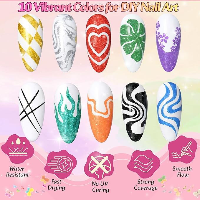 10 Colors 3D Nail Art Pens Set, 0.7mm Dual Tip, Waterproof and Quick-Drying Nail Polish Markers, Nail Graffiti Painting Dotting Drawing Kit for DIY Nail Art Design Manicure Tools