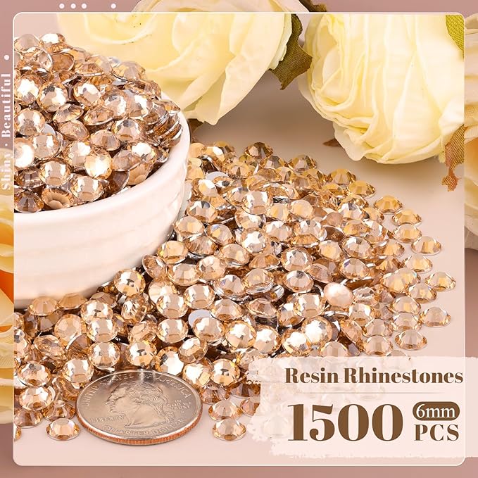 1500PCS 6mm Resin Rhinestones Bulk for Crafting (Champagne), Flatback Bedazzling Crystals for Crafts DIY Nail Decoration, Gems Charms for Tumbler Shoes Clothing Fabric with Pickup Pen and Tweezers