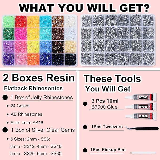 2 Boxes Rhinestones for Bedazzling Kits, Multicolor 4mm & Silver Clear 2/3/4/5/6mm Resin Flatback Gems for Diamond Art, Bedazzler Kit with 3Pcs 10ml B7000 Jewelry Glue for DIY Crafting Crafts Decor