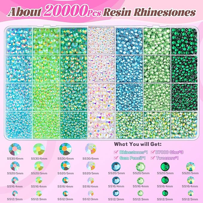 20000Pcs Green Rhinestones for Bedazzling with 3Pcs B7000 Jewelry Glue, Resin Rhinestones for Crafting Crafts，Bedazzler Kit Flatback Gems for Clothing Shoes Tumblers Nail Art