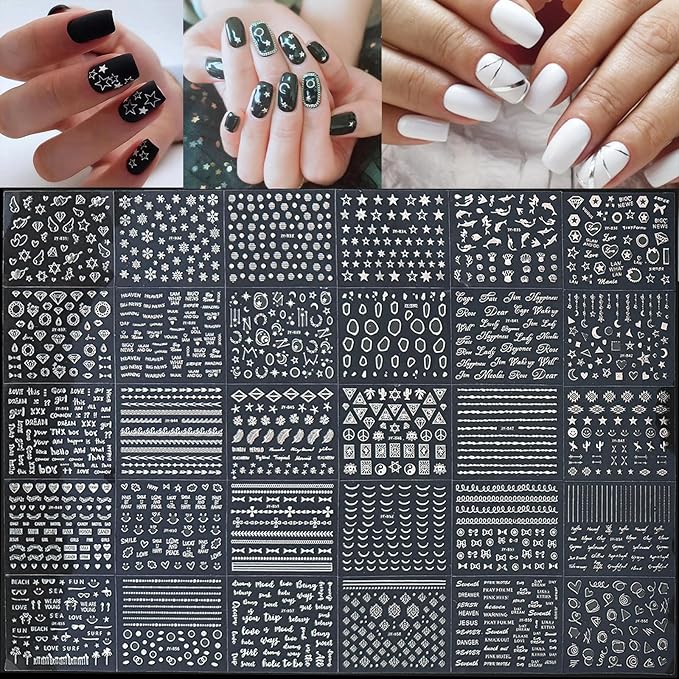 90 Sheets Silver Nail Art Stickers Holographic Laser Silver Nail Decals 3D Self Adhesive Nail Stickers for Nail Art Designs Star Line Flower Nails Supplies for Women Nail Decoration with Nail Tweezer