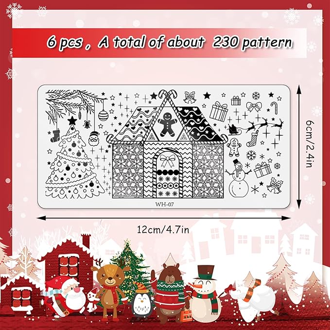 Whaline 6 Pieces Christmas Nail Art Stamping Plates Kit Christmas Tree Snowflakes Gingerbread Sweater Image Stamp Templates Holiday Nail Art Plates for Xmas DIY Print Manicure Salon Design Gift