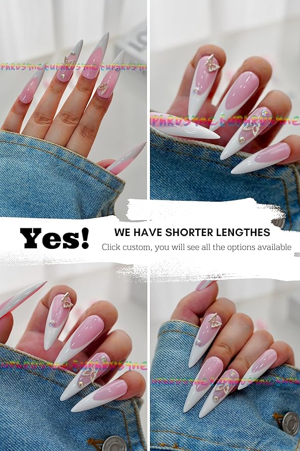 Press On Coffin Nails – 10PCS Long Pink French Tip Nails with Butterfly Rhinestones, Glossy Reusable Fake Nails for Women and Girls – Euphrosyne