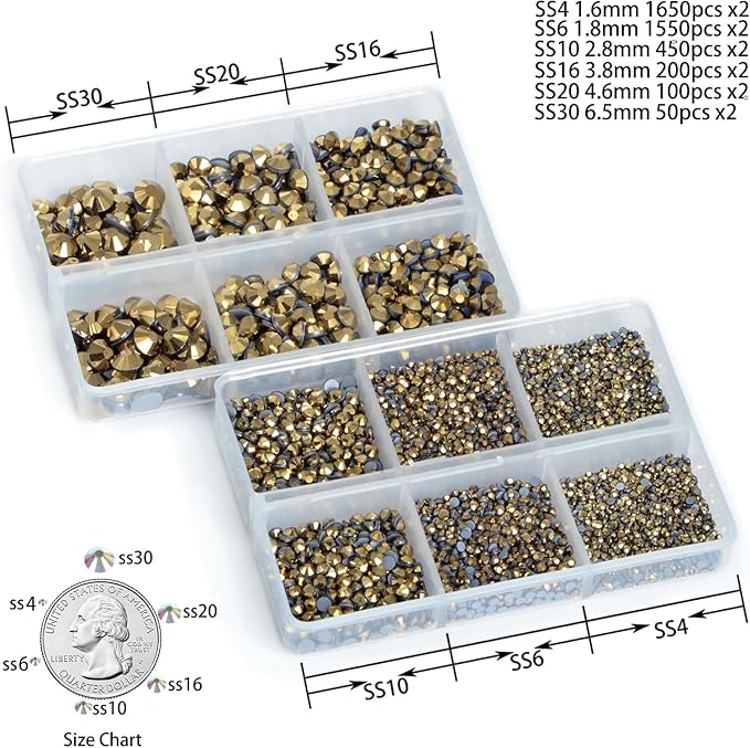 8000pcs Hotfix Rhinestones Flatback,Rhinestones for Crafts Clothes Mixed 6 Sizes, Hotfix Crystals with Wax Pencil Kit, SS4-SS30,Aurum